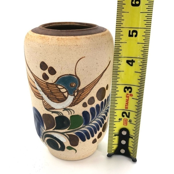Mexico Folk Art Pottery Tonala Vase Hand Painted Bird Ceramic Sandstone - Picture 7 of 8